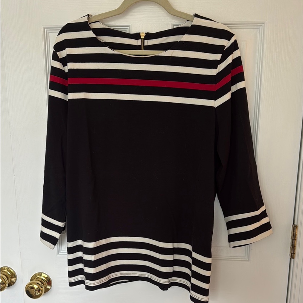 Talbots XL Black and White Stripe Top with Red Accent